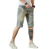 Zomer dunne en noodlijdende denim shorts heren Mens Modeet label Slim Fit Elastic Patch Patchwork Casual Capris