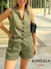 Kondala Casual Linen Women Suits 2 sztuki V Buttonów szyi kamizelki Blazerhigh talia szerokie nogi krótkie