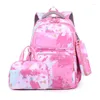 Sacs d'école 3pcs / ensemble Camouflage Printing Kids Backpack for Girl Sac Children Imperproof Schoolbag Get Gratuit Cartoon Pendant Gift