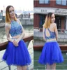 2021 Short Homecoming Dresses Jewel Crystal Beaded Two Pieces Sexy Sleeveless Royal Blue Tulle Aline Cheap Cocktail Dresses Party9697488