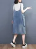 Casual jurken oversized losse v nek denim algehele jurk vrouwen middelste lengte grote zakken spaghetti riem single button vestidos