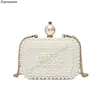 Drawstring Graceful Pearl Mini Woman White Shell Bag Gold Iron Chain Messenger Size In 15.5X11X5.5cm For Lady Girl Party