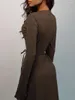 Повседневные платья моды Женщины падать элегантное оберточное платье Классическое сплошное цветовое рукав v-образец с ребристым ремнем с подключением для офиса ежедневно