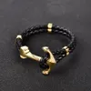 Charm armband jiayiqi punk graverad drake silver guld ankare lås svart fläta äkta läder armband män smycken rostfritt s291w