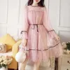 Vestidos casuais primavera malha doce mulher bling lantejão coreano estudantes da moda retrô de cintura definida feminina feminina de manga longa vestido