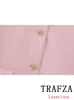 Trafza Vintage Chic Office Lady Pink Solid Women Suit Pockets Blazer Belt Striak Loose Pants Fashion Office Lady Set 240421