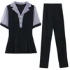 Pantaloni da due pezzi da donna girano il colletto a maniche corte set di patchwork di moda oversize abiti da ufficio abiti da donna 2024