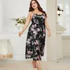 Damska odzież sutna seksowna drukowana pasek spaghetti długi satynowy Chemise Nightdress Summer Lose Casual Nightgown sukienka plus size