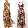 Casual Dresses 2024 Summer Fashion Print Hanging Neck Pets Up Bow Tie Slim Fit Large Swing Holiday Sexig Long Dress Women Clothing