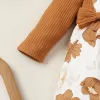 Enstycken 02Yearold nyfödda flickor Rompers Spring Autumn Brown LongSleeved Stitching Flower Print 2st Baby Clothing