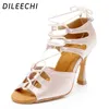 Chaussures de danse Dileechi Latin Lace-Up Femmes Ballroom dansant large / Foot étroit Salsa talon cubain 9cm Skin / Bronze Satin