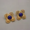 Pendientes de tachuelas Clip de oreja de piedra de flores europeo y americano azul retro