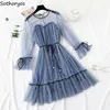 Vestidos casuais primavera malha doce mulher bling lantejão coreano estudantes da moda retrô de cintura definida feminina feminina de manga longa vestido