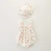 Één-stuks angou zomer pasgeboren babymeisje romper kleren mouwloze jumpsuit+hoed 2 stcs set bloemen baby baby romper kleding