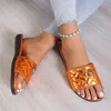 Women Summer Slipper Flat Sandals Fashion Casual Beach Sliders Sandale Open Toe Luxury Rhinestone Rainbow Slipper Casual Shoes Orange Black Size 36-43