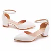 Sandals 4cm Medium Low Thick Heel Pointed Hollow Spring Square Shallow Mouth White Buckle High Heels