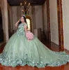 Мята зеленая принцесса Quinceanera Планчики от плеча 3D цветочная аппликация Pupeby юбка Corset vestidos de 15 Anos Quinceaneras 2024