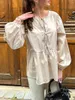 Blouses pour femmes Lacet Lace Avant le chemisier Summer Summer Loose Fit Round Cou Long Pouffle Péplum Shirts Elegant Office Lady Pullover Tops