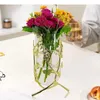 花瓶の金メッキのガラス花瓶の金属ブラケット水耕栽培植木鉢人工花装飾的な花のアレンジメントゴールデン