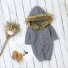 Polos 018m Baby Girls Knitted Hoodie Romper Clothes Cotton Warm Autumn Boys Long Sleeve Sweater with Faux Fur Collar Bodysuits