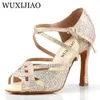 Chaussures de danse wuxijiao thesale féminin de style latin doré design unique sandales de diamant salsa