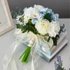 Fleurs décoratives Bridedal Bridesmaid Wedding Bouquet Blue et White Fresh Simulation tenant des accessoires faits à la main