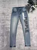 Purple Primavera e verão Nova marca européia e americana da moda masculina colorida clara de graffiti de jeans rasgados de jeans elásticos calças finas