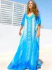 Robes de fête Kaftan causal imprimé sexy v cou de V 2024 Summer Femmes Place Portez du coton tunique oversize Sleeve maxi Q774