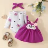 One-Pieces 3PCS Baby Girl Fox Print Long Sleeve Onesie with Triangle Bib Fox Plush Embroidery Overall Dress Set