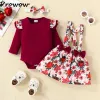 Sets prowow baby girl vêtements ensemble Rouge Ribed Raiper + Suspender Bowknot Robe Floral Party Girls Tenues Costume de nouveau-né hivernal