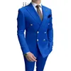 2023 Casual Sky Blue Men Suits Dubbele brested rapel Gold Button Bruidegom Wedding Tuxedos 2 PCS Blazers Jacket Pants Set 240415