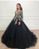 Sprankelende pailletten zwarte Quinceanera -jurken met lange mouwen vloerlengte op maat gemaakt een lijn sweet 16 meisjes prom jurk Dubai Arabic2516456