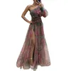 Casual Dresses Women Evening Dress One Shoulder Doule-layered Tie-dye Flower Print Rose Decor Mesh Bubble Sleeve Floor Length Split Hem Ball