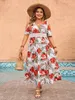 Summer High Waist Hollow Out Long Dress V Neck Short Sleeve Floral Print Boho Beach Casual Curvy Plus Size Women Clothing 240417