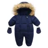 Enstycken 2023 Ny vinter baby rompers tjock varm spädbarn huva inuti fleece jumpsuit nyfödd pojke flicka overalls småbarnskläder