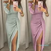 Hip Slit Women Dress sleeveless Spaghetti Strap Pure Color Boat Bateau Neckline Long Dress