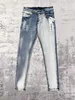 24ss Purple brand wash water holes do old splash-ink patchwork stretch slim jeans men's high street ins straight pants