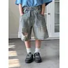 Trousers 2024 Summer Korean Children Cowboy Boys And Girls Vintage Hole Straight Quarter Pants Tide Fashion Cool Casual Active Cute