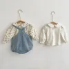 Set abbigliamento da bambine neonati set camicia stampata in cotone a maniche lunghe+tuta senza maniche in denim