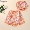 Swimwear Trigren Kids Girls Rash Guard zwempak Floral Print Hollowout Lange mouw Swimwear Zonnebescherming Badenpak met zwemdop