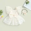 One-Pieces Newborn Infant Baby Girls Princess Romper Dress Lace Flower Fly Sleeve Bowknot TriangleBottom Jumpsuit with Headband