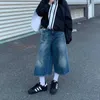 Kvinnors jeans qweek kvinnor blå y2k baggy jorts hög midja vintage bred ben knä längd jeans streetwear casual lös sommar denim shorts 240423