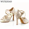 Zapatos de baile Wuxijiao Holesale Golden Latin Style Sandalias de diamantes de diseño de salsa de diseño