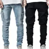 Street Elastic Jeans Men Denim Cargo Pants Wash Solid Color Multi Pockets Casual Mid Waist Trousers Slim Fit Daily Wear Joggers 240415