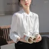 Kvinnors blusar Elegant band Bow Tie 2024 Spring White Blue Long Sleeve Shirt Women Office Lady Business