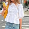 Kvinnors blusar peplum Summer Spring Solid Color/Rands/Plaids Short Puff Sleeve Bow Tie Front Loose Shirts Casual Tops