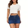 Skirts Solid Color Skirt Stylish Women's Denim With Pockets Adjustable Belt Mid-rise Mini In Slim For Summer