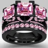 Роскошная принцесса Cut 6ct Pink Sapphrie Ring Set Black Gold 925 Серебряное серебряное обручальное обручальное обручальные кольца для женщин мужчин