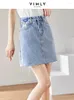 Jupes Vimly Soft Denim Mini pour les femmes 2024 Retro Casual Eleging High Taist Thin A-Line Classic Summer Short Jean Jirt 70887