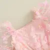 Tek parçalı yeni doğan bebek kız bebek kısa kollu 3d çiçekçaplar fırfırlar tulle tulum prenses doğum günü partisi kıyafetleri güneşli kostüm